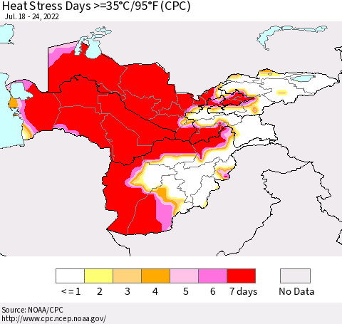 Central Asia Heat Stress Days >=35°C/95°F (CPC) Thematic Map For 7/18/2022 - 7/24/2022