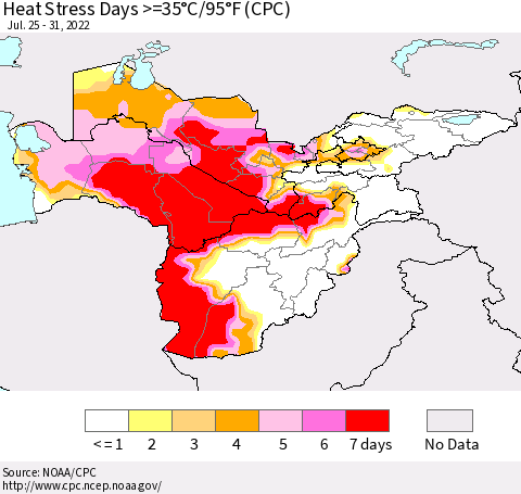 Central Asia Heat Stress Days >=35°C/95°F (CPC) Thematic Map For 7/25/2022 - 7/31/2022