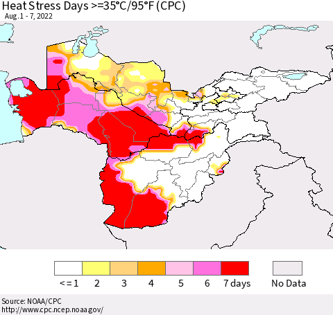 Central Asia Heat Stress Days >=35°C/95°F (CPC) Thematic Map For 8/1/2022 - 8/7/2022