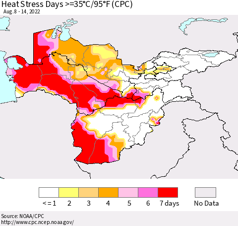 Central Asia Heat Stress Days >=35°C/95°F (CPC) Thematic Map For 8/8/2022 - 8/14/2022