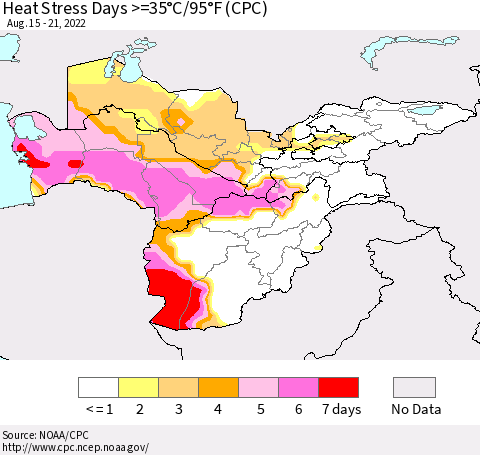 Central Asia Heat Stress Days >=35°C/95°F (CPC) Thematic Map For 8/15/2022 - 8/21/2022