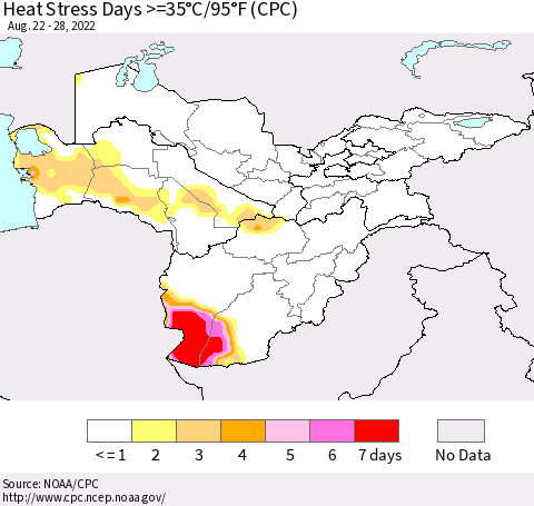 Central Asia Heat Stress Days >=35°C/95°F (CPC) Thematic Map For 8/22/2022 - 8/28/2022