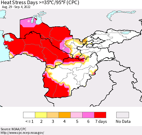 Central Asia Heat Stress Days >=35°C/95°F (CPC) Thematic Map For 8/29/2022 - 9/4/2022