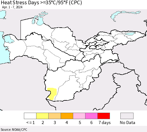 Central Asia Heat Stress Days >=35°C/95°F (CPC) Thematic Map For 4/1/2024 - 4/7/2024