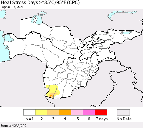 Central Asia Heat Stress Days >=35°C/95°F (CPC) Thematic Map For 4/8/2024 - 4/14/2024