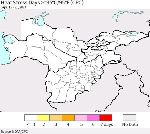 Central Asia Heat Stress Days >=35°C/95°F (CPC) Thematic Map For 4/15/2024 - 4/21/2024