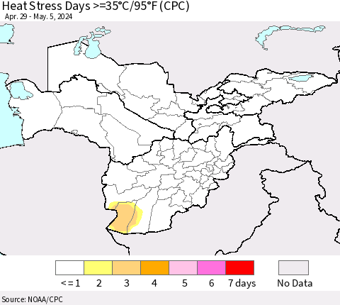 Central Asia Heat Stress Days >=35°C/95°F (CPC) Thematic Map For 4/29/2024 - 5/5/2024