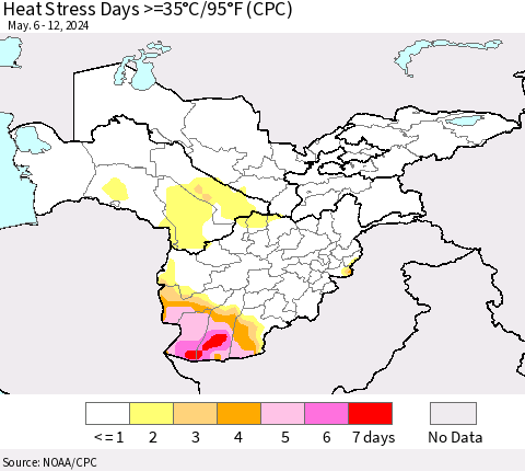 Central Asia Heat Stress Days >=35°C/95°F (CPC) Thematic Map For 5/6/2024 - 5/12/2024
