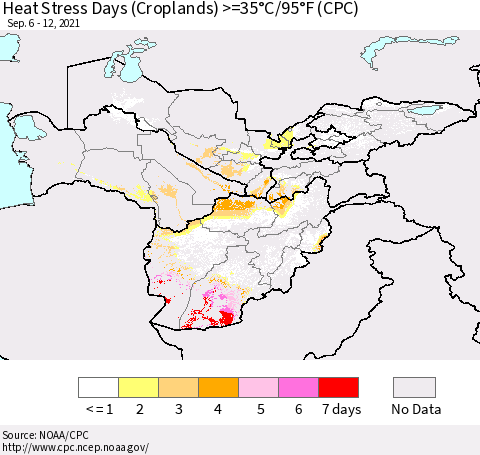 Central Asia Heat Stress Days (Croplands) >=35°C/95°F (CPC) Thematic Map For 9/6/2021 - 9/12/2021