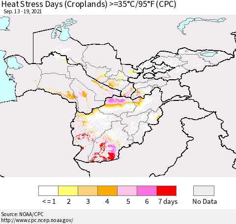 Central Asia Heat Stress Days (Croplands) >=35°C/95°F (CPC) Thematic Map For 9/13/2021 - 9/19/2021