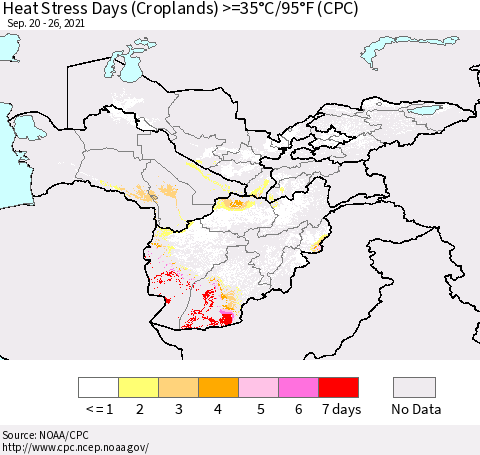Central Asia Heat Stress Days (Croplands) >=35°C/95°F (CPC) Thematic Map For 9/20/2021 - 9/26/2021