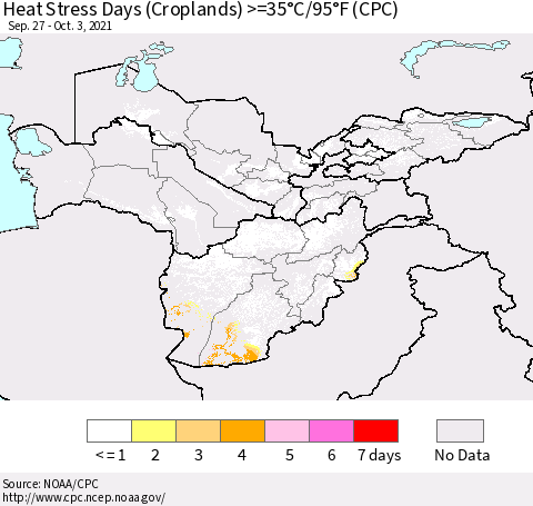 Central Asia Heat Stress Days (Croplands) >=35°C/95°F (CPC) Thematic Map For 9/27/2021 - 10/3/2021