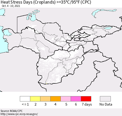 Central Asia Heat Stress Days (Croplands) >=35°C/95°F (CPC) Thematic Map For 10/4/2021 - 10/10/2021