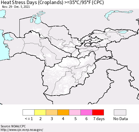 Central Asia Heat Stress Days (Croplands) >=35°C/95°F (CPC) Thematic Map For 11/29/2021 - 12/5/2021