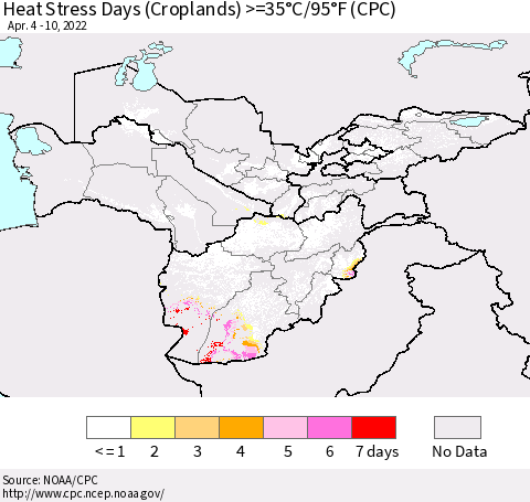 Central Asia Heat Stress Days (Croplands) >=35°C/95°F (CPC) Thematic Map For 4/4/2022 - 4/10/2022