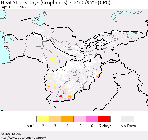 Central Asia Heat Stress Days (Croplands) >=35°C/95°F (CPC) Thematic Map For 4/11/2022 - 4/17/2022