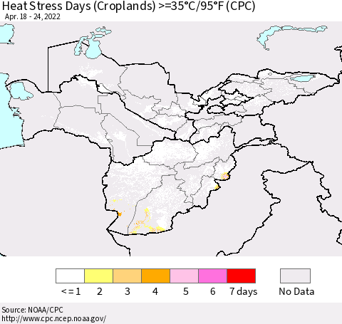 Central Asia Heat Stress Days (Croplands) >=35°C/95°F (CPC) Thematic Map For 4/18/2022 - 4/24/2022