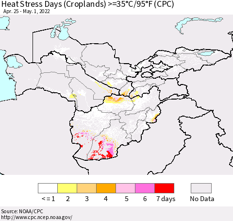 Central Asia Heat Stress Days (Croplands) >=35°C/95°F (CPC) Thematic Map For 4/25/2022 - 5/1/2022
