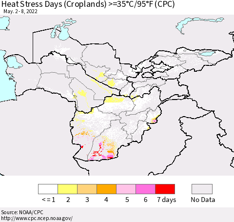 Central Asia Heat Stress Days (Croplands) >=35°C/95°F (CPC) Thematic Map For 5/2/2022 - 5/8/2022