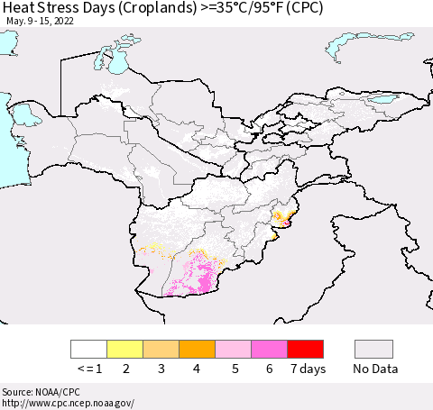 Central Asia Heat Stress Days (Croplands) >=35°C/95°F (CPC) Thematic Map For 5/9/2022 - 5/15/2022