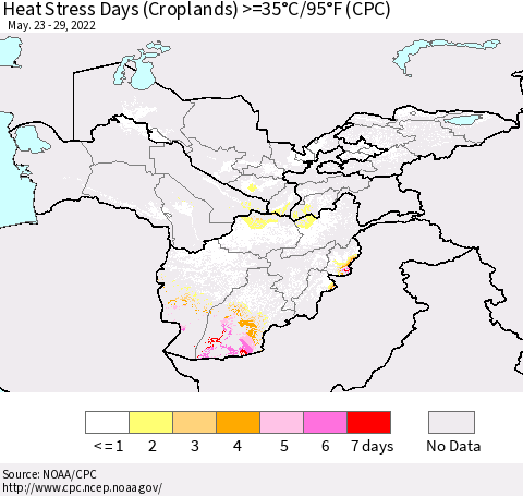 Central Asia Heat Stress Days (Croplands) >=35°C/95°F (CPC) Thematic Map For 5/23/2022 - 5/29/2022