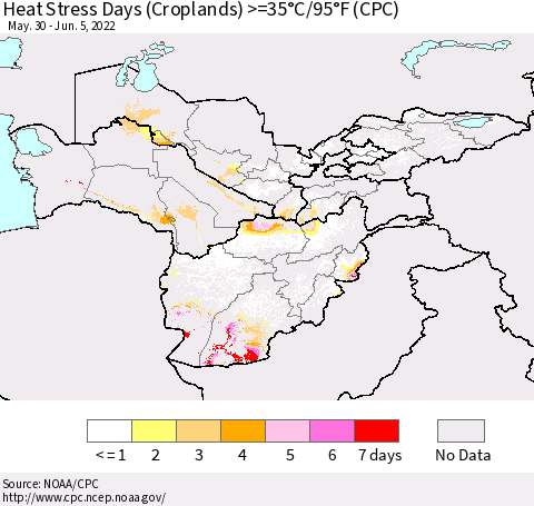 Central Asia Heat Stress Days (Croplands) >=35°C/95°F (CPC) Thematic Map For 5/30/2022 - 6/5/2022