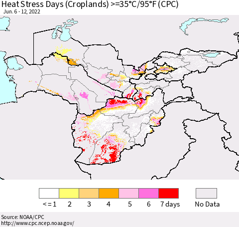Central Asia Heat Stress Days (Croplands) >=35°C/95°F (CPC) Thematic Map For 6/6/2022 - 6/12/2022