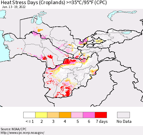 Central Asia Heat Stress Days (Croplands) >=35°C/95°F (CPC) Thematic Map For 6/13/2022 - 6/19/2022