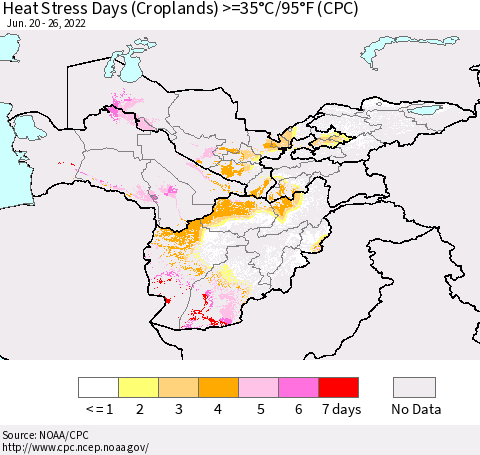Central Asia Heat Stress Days (Croplands) >=35°C/95°F (CPC) Thematic Map For 6/20/2022 - 6/26/2022