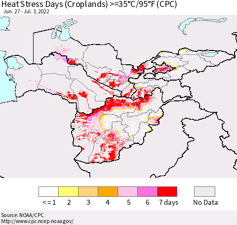 Central Asia Heat Stress Days (Croplands) >=35°C/95°F (CPC) Thematic Map For 6/27/2022 - 7/3/2022