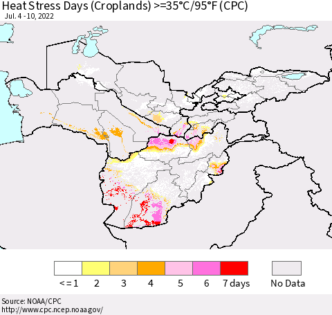 Central Asia Heat Stress Days (Croplands) >=35°C/95°F (CPC) Thematic Map For 7/4/2022 - 7/10/2022