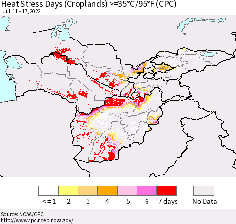 Central Asia Heat Stress Days (Croplands) >=35°C/95°F (CPC) Thematic Map For 7/11/2022 - 7/17/2022