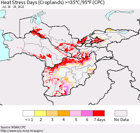 Central Asia Heat Stress Days (Croplands) >=35°C/95°F (CPC) Thematic Map For 7/18/2022 - 7/24/2022
