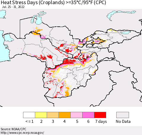 Central Asia Heat Stress Days (Croplands) >=35°C/95°F (CPC) Thematic Map For 7/25/2022 - 7/31/2022