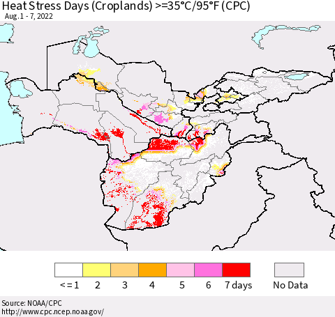 Central Asia Heat Stress Days (Croplands) >=35°C/95°F (CPC) Thematic Map For 8/1/2022 - 8/7/2022