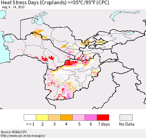 Central Asia Heat Stress Days (Croplands) >=35°C/95°F (CPC) Thematic Map For 8/8/2022 - 8/14/2022