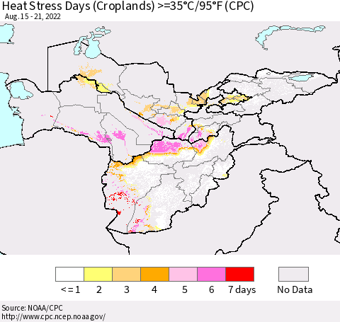 Central Asia Heat Stress Days (Croplands) >=35°C/95°F (CPC) Thematic Map For 8/15/2022 - 8/21/2022