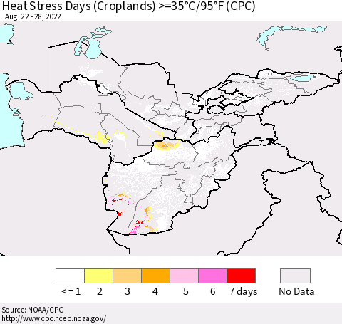 Central Asia Heat Stress Days (Croplands) >=35°C/95°F (CPC) Thematic Map For 8/22/2022 - 8/28/2022