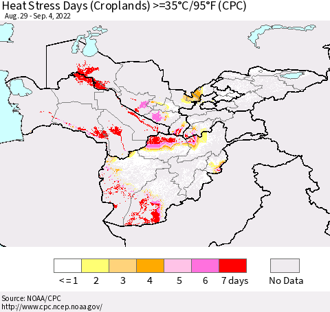 Central Asia Heat Stress Days (Croplands) >=35°C/95°F (CPC) Thematic Map For 8/29/2022 - 9/4/2022