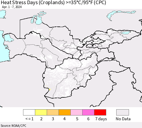 Central Asia Heat Stress Days (Croplands) >=35°C/95°F (CPC) Thematic Map For 4/1/2024 - 4/7/2024
