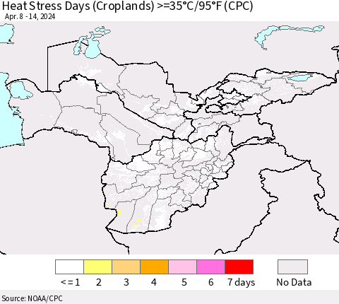Central Asia Heat Stress Days (Croplands) >=35°C/95°F (CPC) Thematic Map For 4/8/2024 - 4/14/2024