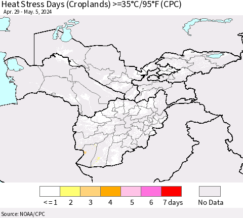Central Asia Heat Stress Days (Croplands) >=35°C/95°F (CPC) Thematic Map For 4/29/2024 - 5/5/2024