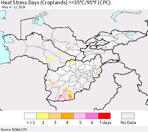 Central Asia Heat Stress Days (Croplands) >=35°C/95°F (CPC) Thematic Map For 5/6/2024 - 5/12/2024
