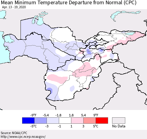 Central Asia Mean Minimum Temperature Departure from Normal (CPC) Thematic Map For 4/13/2020 - 4/19/2020