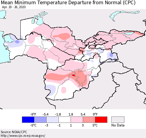 Central Asia Mean Minimum Temperature Departure from Normal (CPC) Thematic Map For 4/20/2020 - 4/26/2020