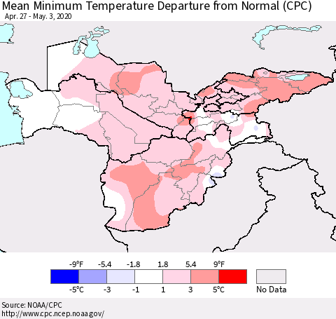 Central Asia Mean Minimum Temperature Departure from Normal (CPC) Thematic Map For 4/27/2020 - 5/3/2020