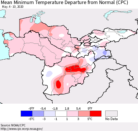 Central Asia Mean Minimum Temperature Departure from Normal (CPC) Thematic Map For 5/4/2020 - 5/10/2020