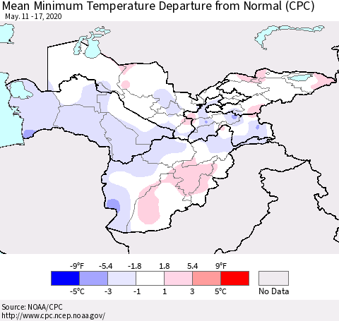 Central Asia Mean Minimum Temperature Departure from Normal (CPC) Thematic Map For 5/11/2020 - 5/17/2020