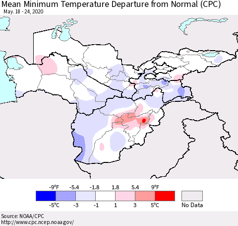 Central Asia Mean Minimum Temperature Departure from Normal (CPC) Thematic Map For 5/18/2020 - 5/24/2020