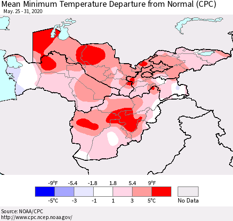 Central Asia Mean Minimum Temperature Departure from Normal (CPC) Thematic Map For 5/25/2020 - 5/31/2020